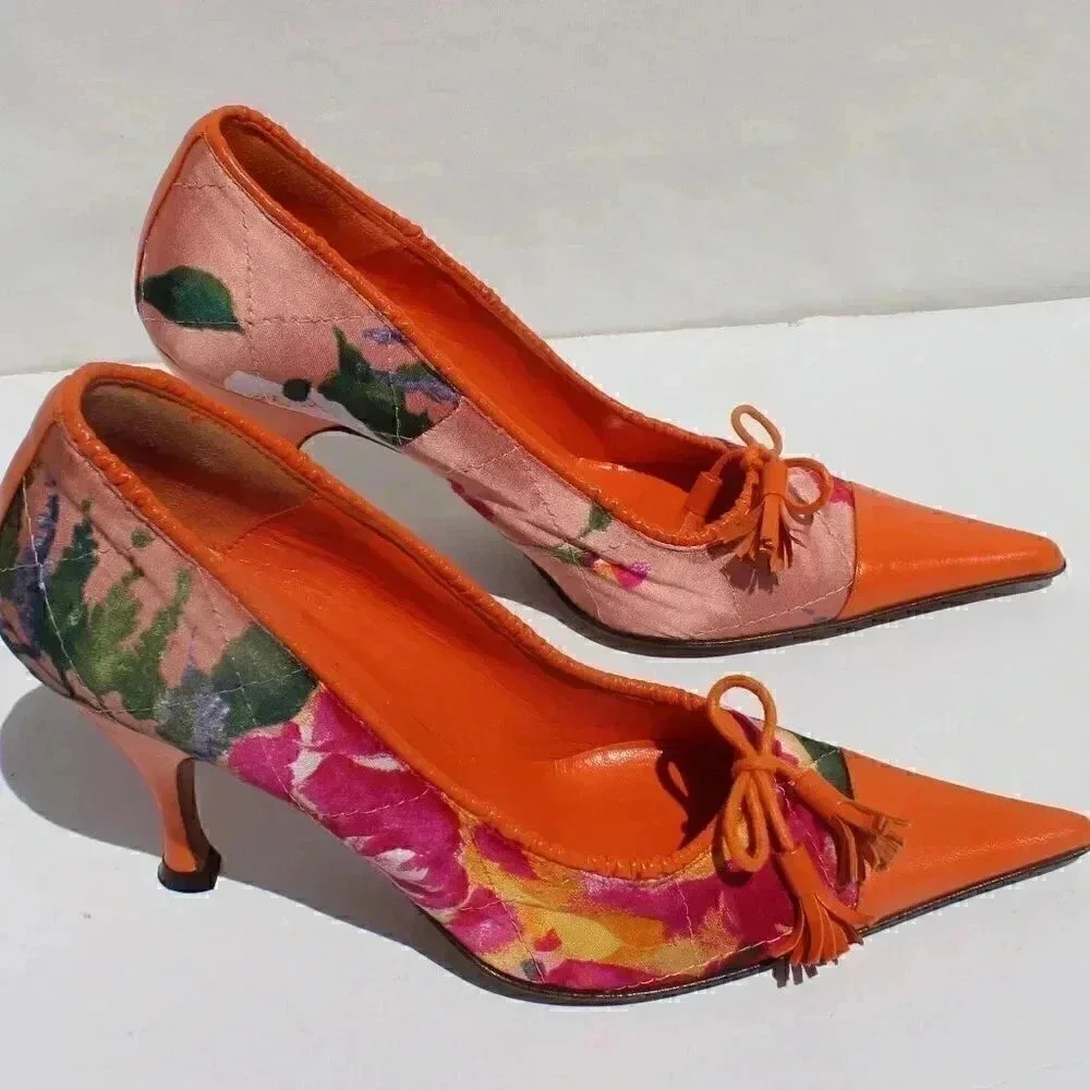 Dolce & Gabbana D&G Orange Flora Tropical Scarpa Womens High Heels Pumps Sz 6.5 - Picture 3 of 10